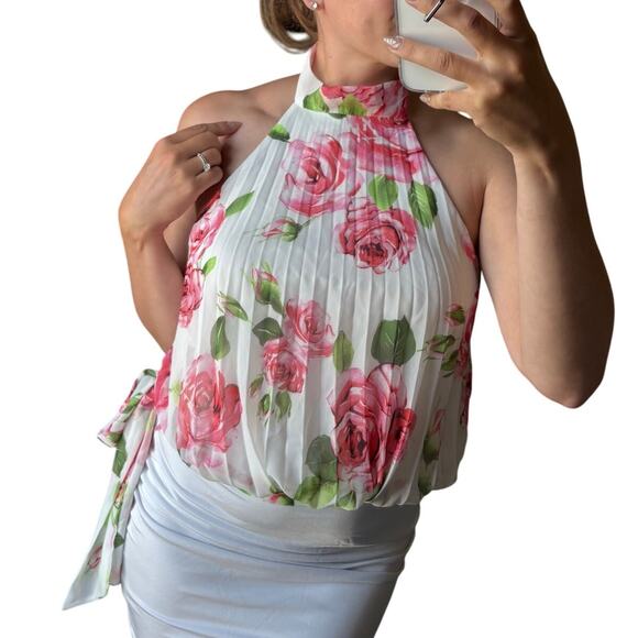 Windsor S White Pink Floral Chiffon Pleated Halter Backless Side Tie Blouse Top - Picture 2 of 8
